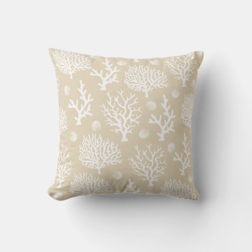 Coastal White Sea Corals  Seashells Taupe Throw Pillow