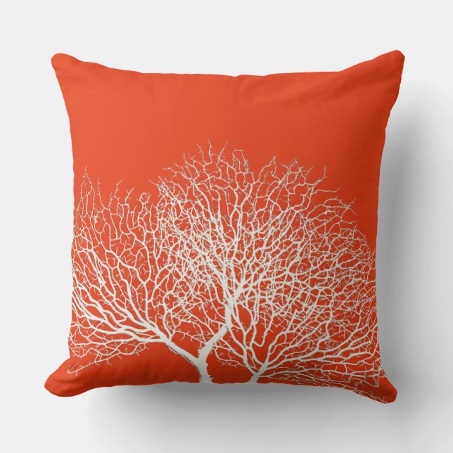 Coastal White Sea Tree Deep Coral Orange Beach Throw Pillow (Front)