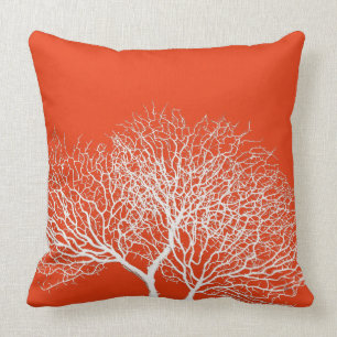 Coastal White Sea Tree Deep Coral Orange Beach Throw Pillow
