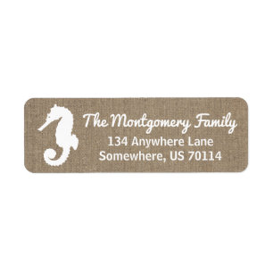 Coastal White Seahorse & Faux Burlap Label
