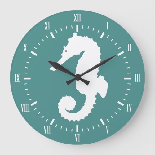 Coastal White Seahorse  Green Roman Numerals Name Large Clock