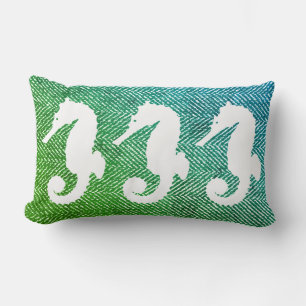 Coastal White Seahorses & Ocean Hues Herringbone Lumbar Pillow