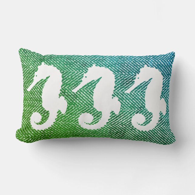 Coastal White Seahorses & Ocean Hues Herringbone Lumbar Pillow (Front)