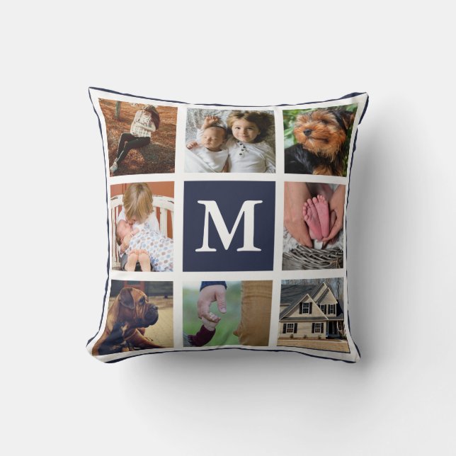 Coastal White Seashell & Navy Photo Collage Throw Pillow (Front)