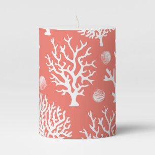 Coastal White Seashells & Corals Pillar Candle