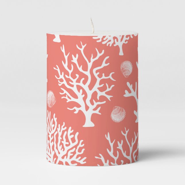 Coastal White Seashells & Corals Pillar Candle (Front)