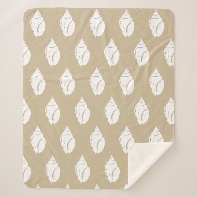 Coastal White Seashells & Taupe Sherpa Blanket (Front)