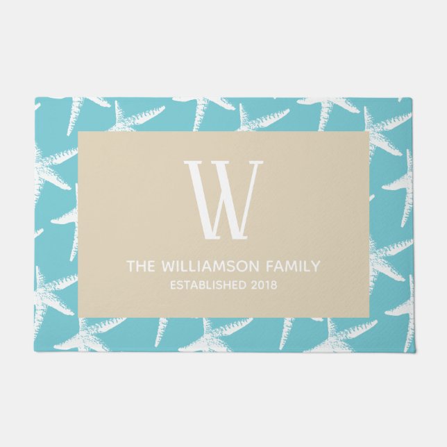 Coastal White Starfish & Family Name Doormat (Front)