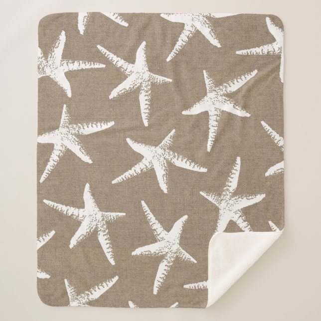 Coastal White Starfish & Faux Burlap Sherpa Blanket (Front)