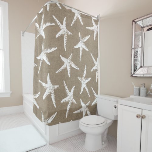 Coastal White Starfish  Faux Burlap Shower Curtain