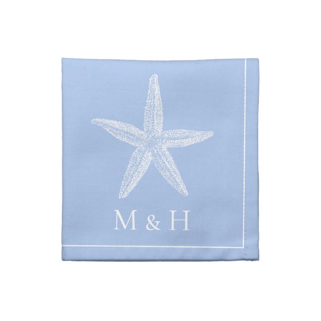 Coastal White Starfish on Blue Monogram Cloth Napkin (Quarter Fold)