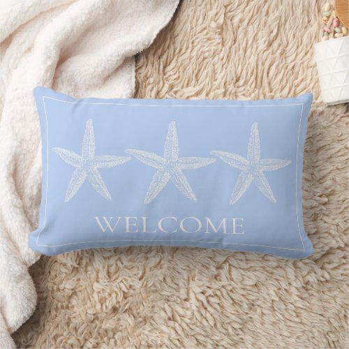 Coastal White Starfish on Blue Welcome Lumbar Pillow