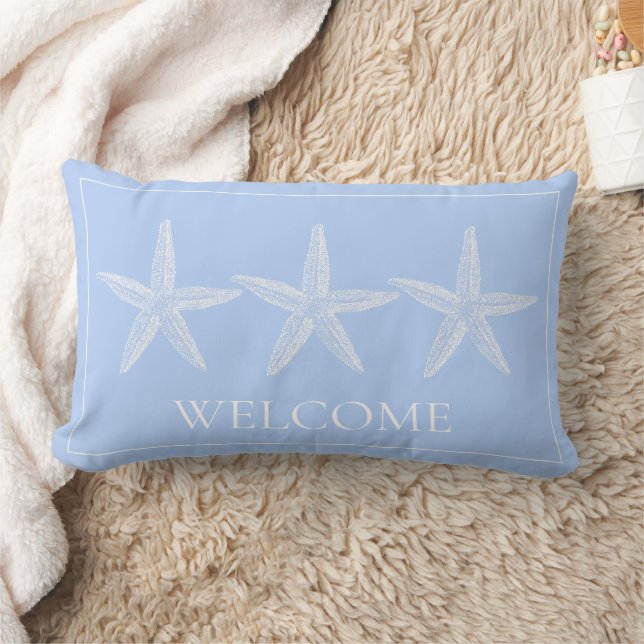 Coastal White Starfish on Blue Welcome Lumbar Pillow (Blanket)