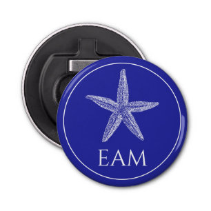 Coastal White Starfish on Navy Blue Monogram Bottle Opener