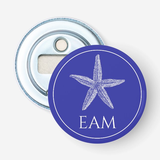 Coastal White Starfish on Navy Blue Monogram Bottle Opener (Front)