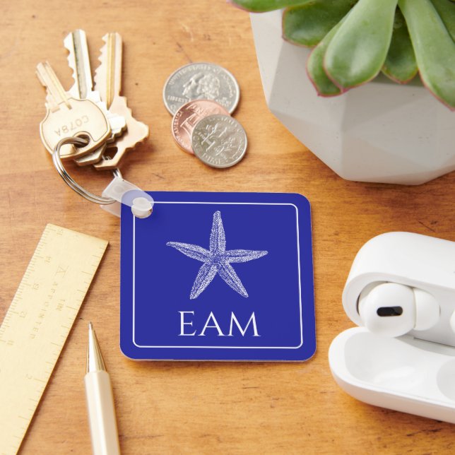 Coastal White Starfish on Navy Blue Monogram Keychain (Desk)