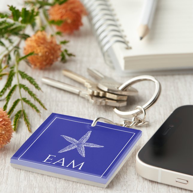 Coastal White Starfish on Navy Blue Monogram Keychain (Front Right)