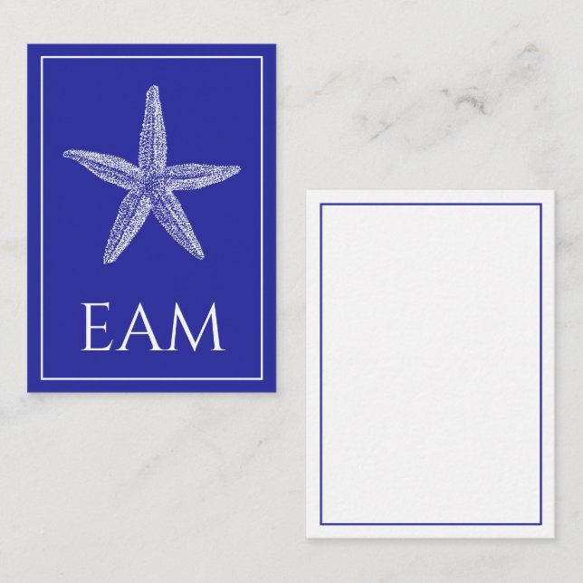 Coastal White Starfish on Navy Blue Monogram Note Card (Front/Back)