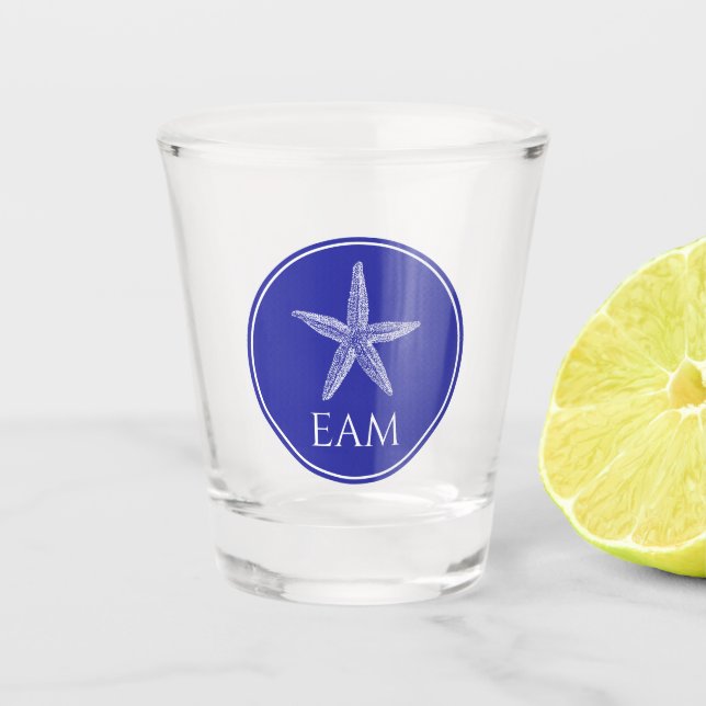 Coastal White Starfish on Navy Blue Monogram Shot Glass (Front)