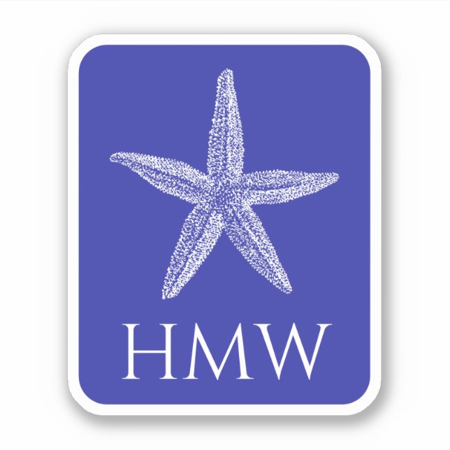 Coastal White Starfish on Navy Blue Monogram Sticker (Front)