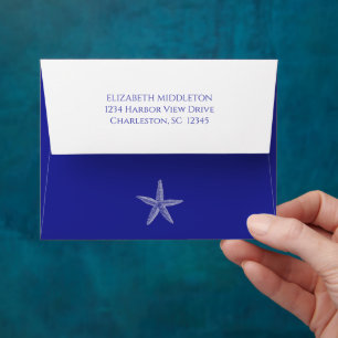 Coastal White Starfish on Navy Blue Personalized Envelope