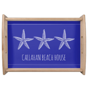 Coastal White Starfish on Navy Blue Personalized Serving Tray