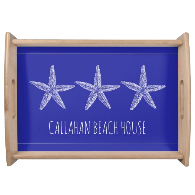 Coastal White Starfish on Navy Blue Personalized Serving Tray (Front)