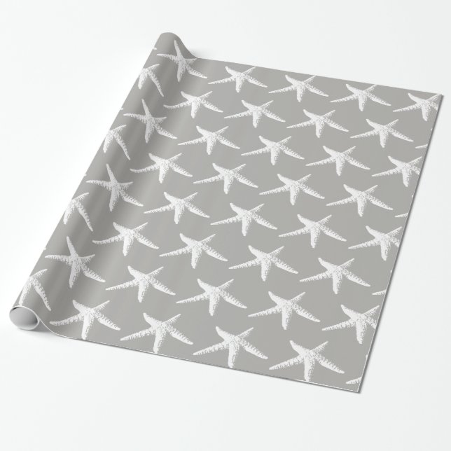 Coastal White Starfish Pattern Wrapping Paper (Unrolled)