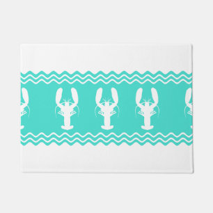 Coastal White Turquoise Stripe Lobster Pattern Doormat