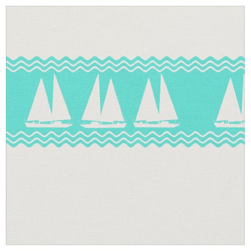 Coastal White Turquoise Stripe Sailboat Pattern Fabric