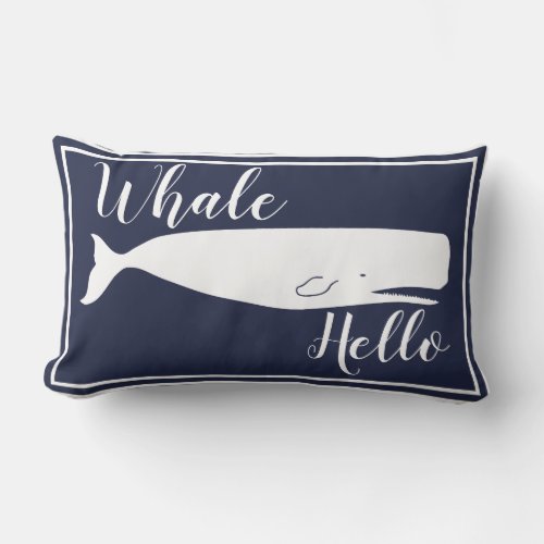Coastal White Whale Hello  Family Monogram Lumbar Pillow