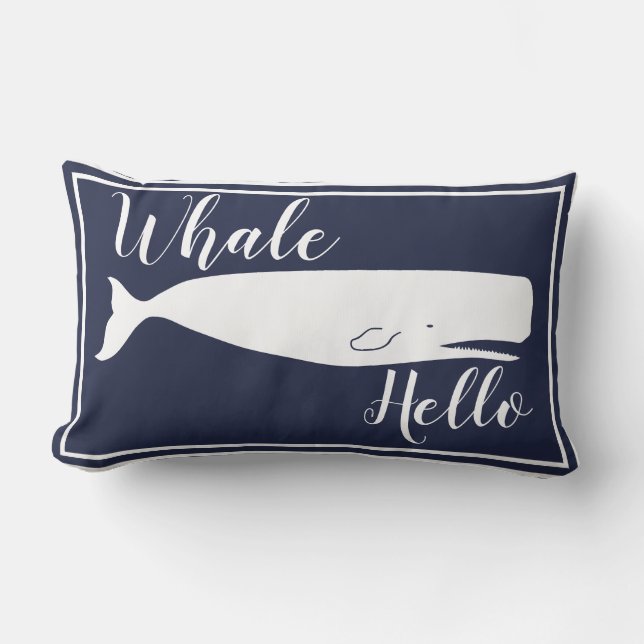 Coastal White Whale Hello & Family Monogram Lumbar Pillow (Front)