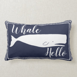 Coastal White Whale Hello & Family Monogram Lumbar Pillow