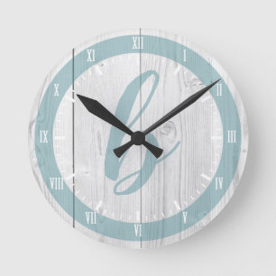 Coastal White Wood Print & Seaglass Blue Monogram Round Clock