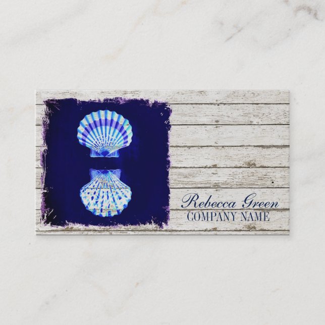 coastal whitewashed wood nautical blue seashells business card (Front)