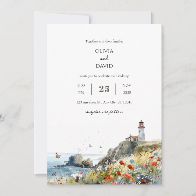  Coastal Wildflower Lighthouse View Beach Wedding  Invitation (Front)