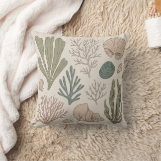 Coastal Wildlife & Seaweed Botanical Art | Vintage Throw Pillow