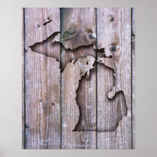 Coastal Wood Carved Michigan Faux Wood Carving Poster