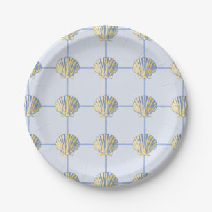 Coastal Yellow and Blue Painted Seashell Checkers Paper Plates