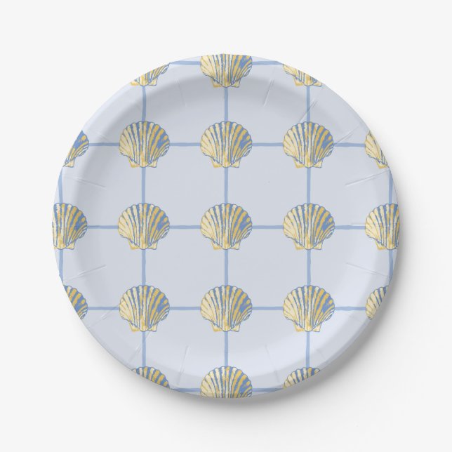 Coastal Yellow and Blue Painted Seashell Checkers Paper Plates (Front)