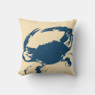 Coastal Yellow Herringbone & Blue Crab Throw Pillow