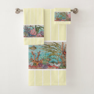 Coastal Yellow Sea Life Fish Vintage Beach House Bath Towel Set