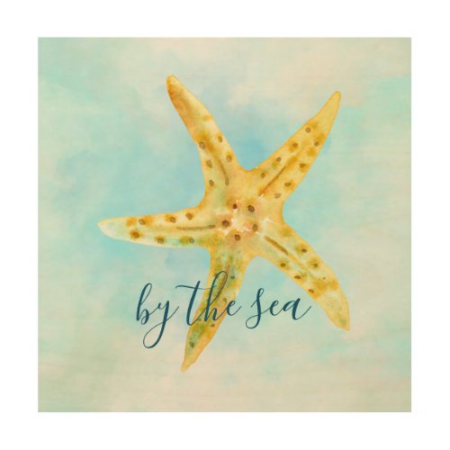 Coastal Yellow Starfish Aqua Watercolor         Wood Wall Art