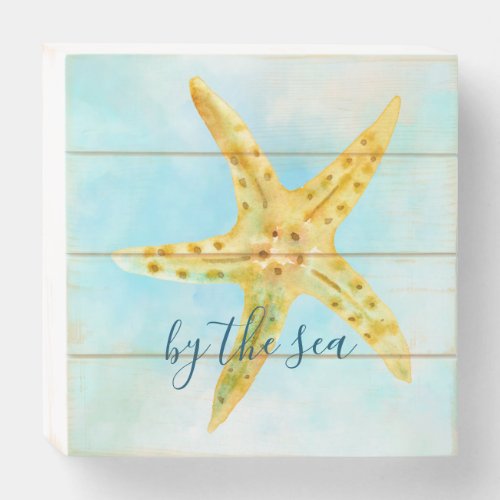 Coastal Yellow Starfish Aqua Watercolor       Wooden Box Sign