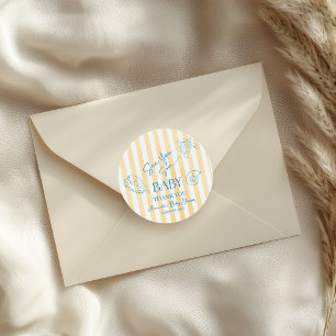Coastal Yellow Stripes Sea You Soon Baby Shower Classic Round Sticker