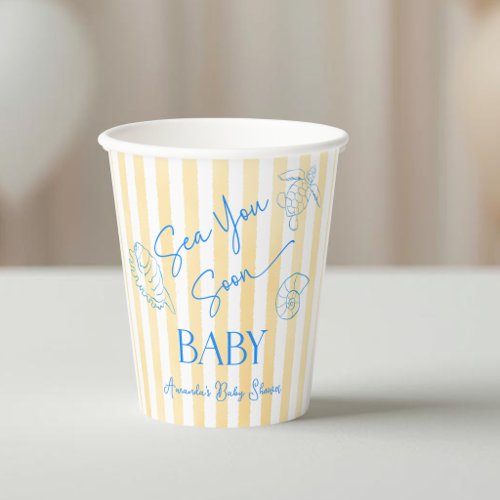 Coastal Yellow Stripes Sea You Soon Baby Shower Paper Cups