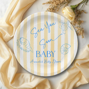 Coastal Yellow Stripes Sea You Soon Baby Shower Paper Plates