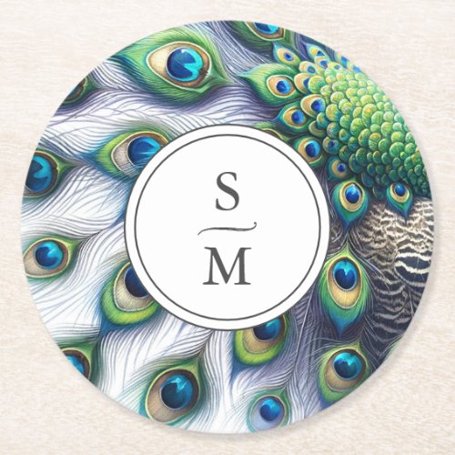 Coaster Monogrammed Peacock Feathers