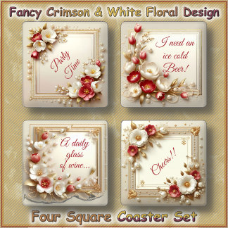 COASTER SET (4) - Crimson & White Flowers & Pearls