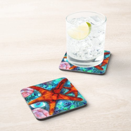 Coaster Set of 6 Whimsical Abstract Starfish Teal